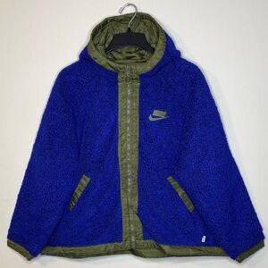 Nike NSW Oversized Reversible Sherpa Royal Blue and Olive Hooded Jacket Size Xl